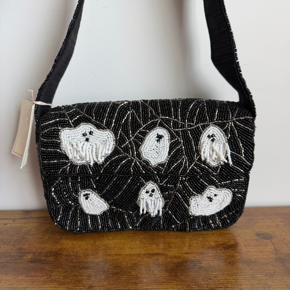 New Beaded Black White Ghost Shoulder Handbag Spooky Halloween Spiderweb Cute